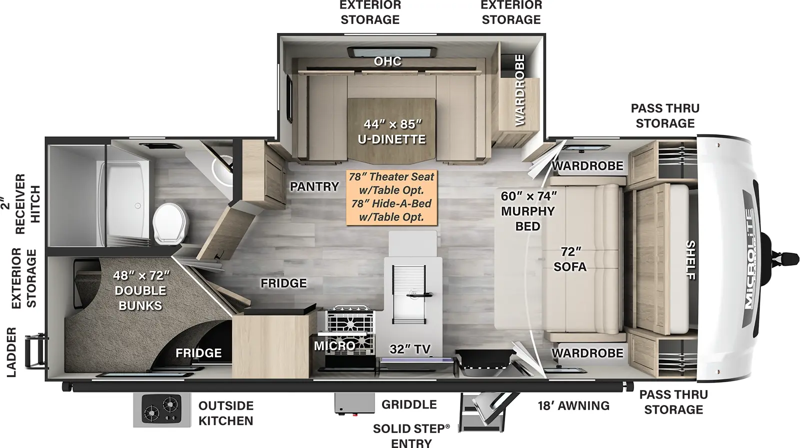 The 25BRDS has one slide out and one entry door. Exterior features an 18 foot awning, solid step entry, front pass thru storage, off-door side exterior storage, outside kitchen with refrigerator, griddle, rear ladder, rear exterior storage, and 2 inch receiver hitch. Interior layout front to back: murphy bed/sofa with shelf above and wardrobes on either side; off-door side slide out with wardrobe, and u-dinette with overhead cabinet (theater seating with table or hide-a-bed with table optional); door side entry, peninsula kitchen counter with sink wraps to door side with TV, microwave, cooktop, and refrigerator; off-door side pantry; rear off-door side full bathroom; rear door side double bunks.